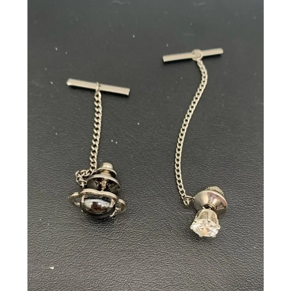 Vintage Lot Of 2 Silver Tone Tie Tacks One Hematite & One Clear Rhinestone